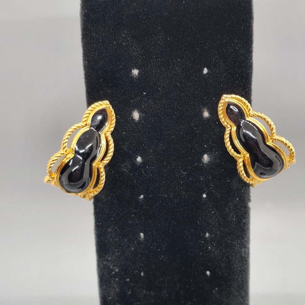 Gold Tone Black Enamel Rope Twist Clip-On Earrings 1.25" L Fashion Jewelry